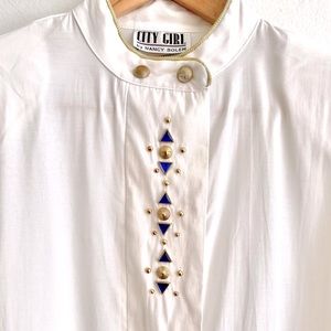 Vintage White Button Up Bead Rhinestone Gems Top w/Mandarin Collar